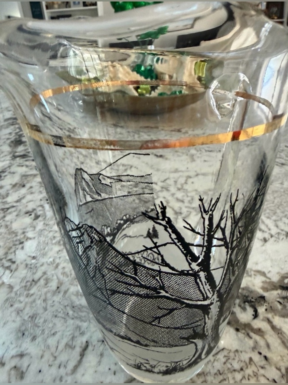 Vtg MCM Glass Pitcher Black Winter Tree Mountain Scene Gold Rim Ice Lip 7” - Picture 10 of 12
